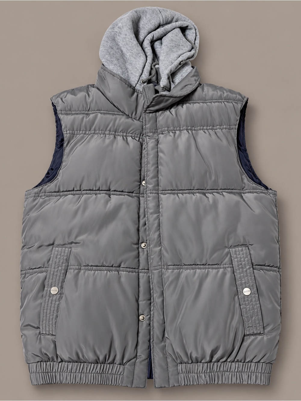 Guess Men's Gray Quilted Puffer Vest with Hooded Liner
